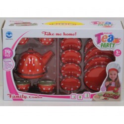 14 piece Red + White Spot Metal Tea Set